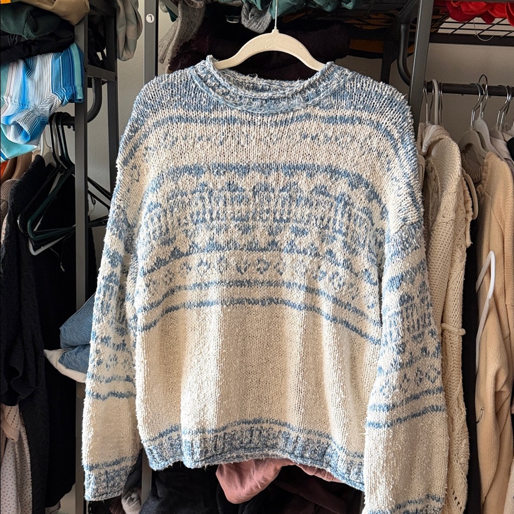 Free People Cream and Blue Knit Sweater